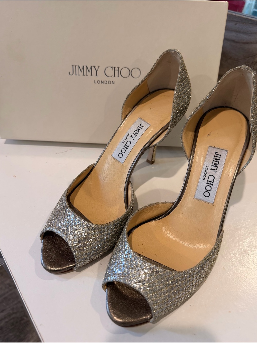 Jimmy Choo Silver Glitter Peep-Toe Pumps